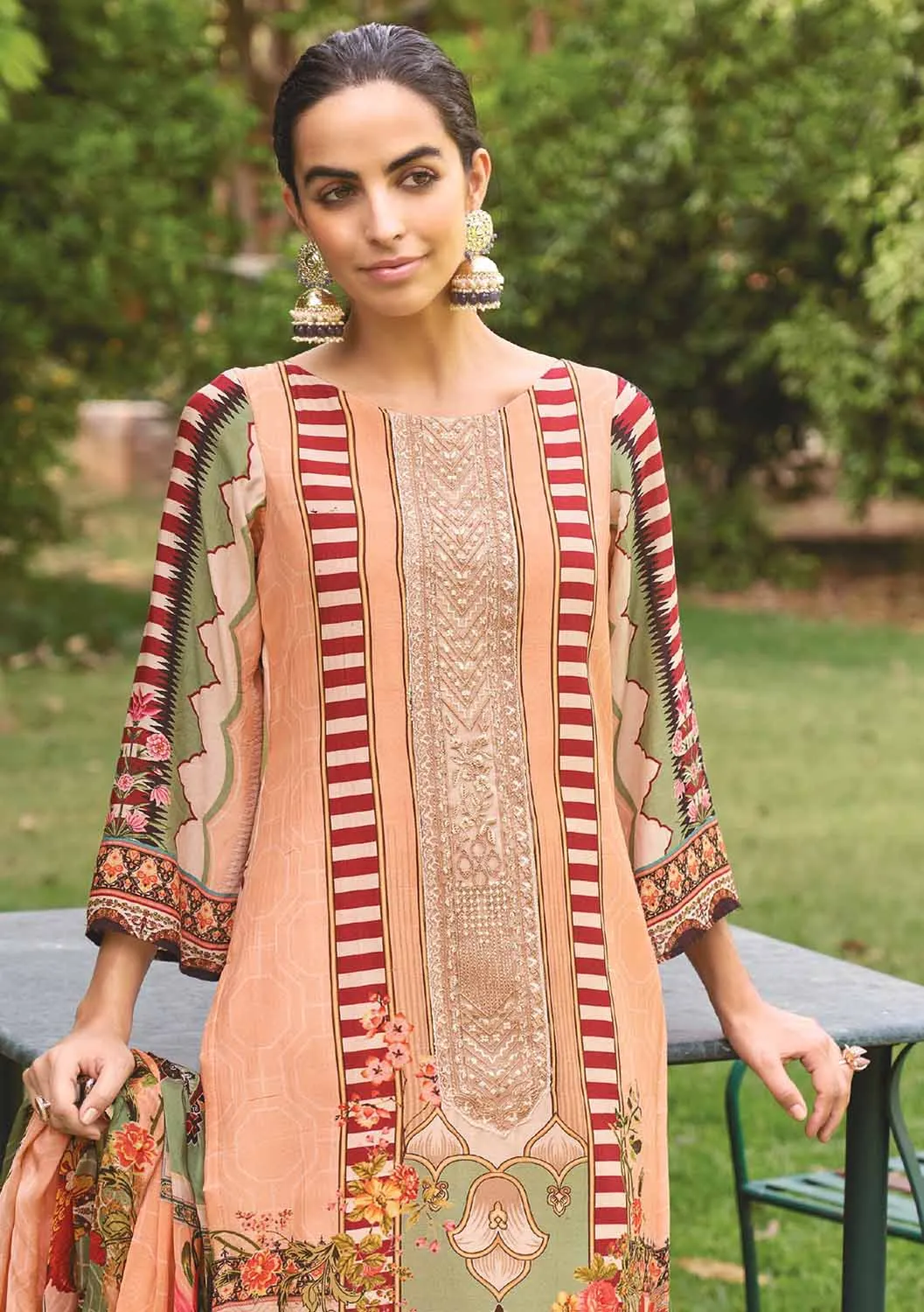 AQSA Unstitched Cotton Pakistani Salwar Suit with Embroidery Peach