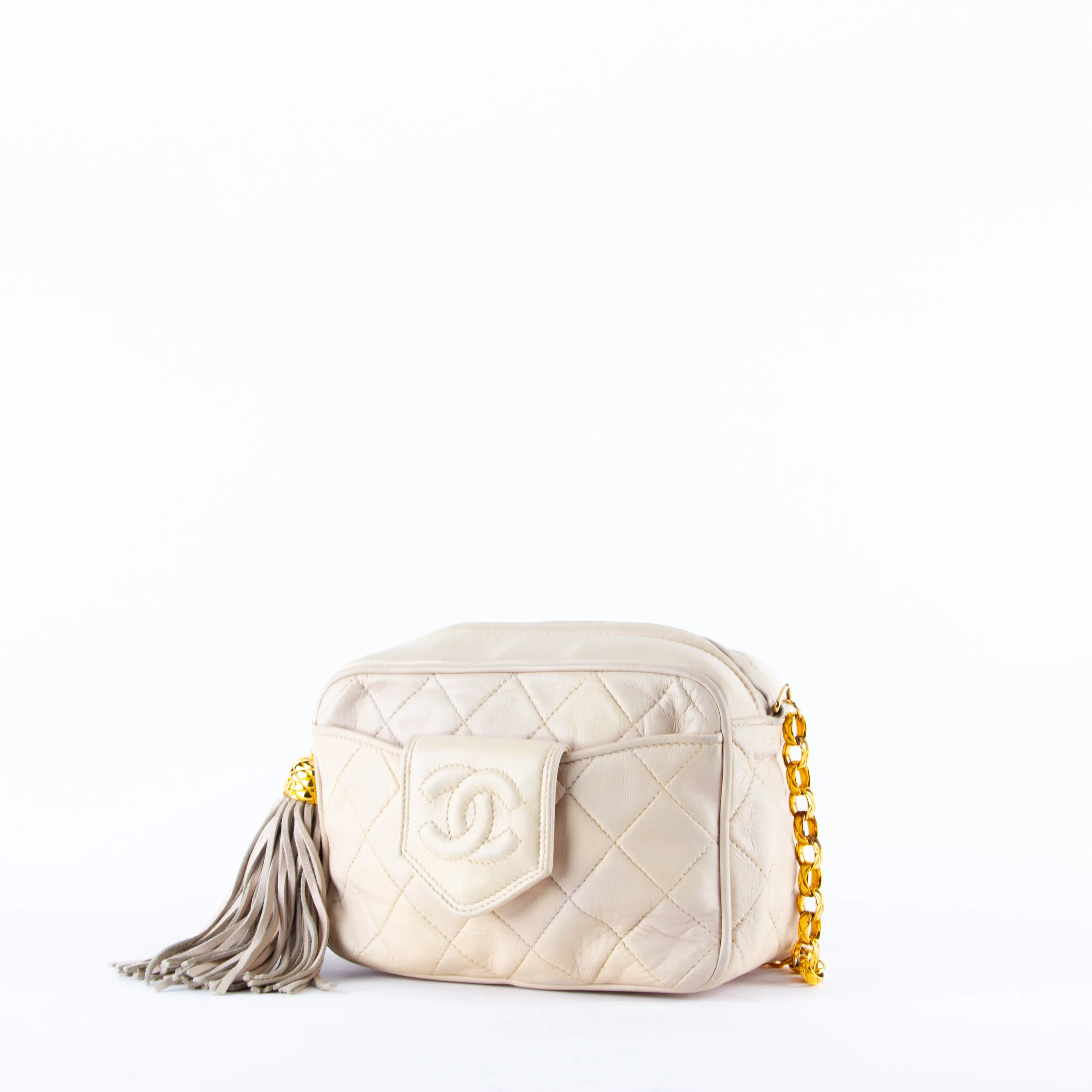 Beige Quilted Chain Shoulder Bag