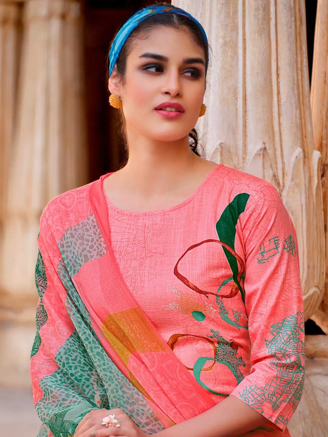 Belliza Cotton Linen Coral Pink Printed Unstitched Women Suit