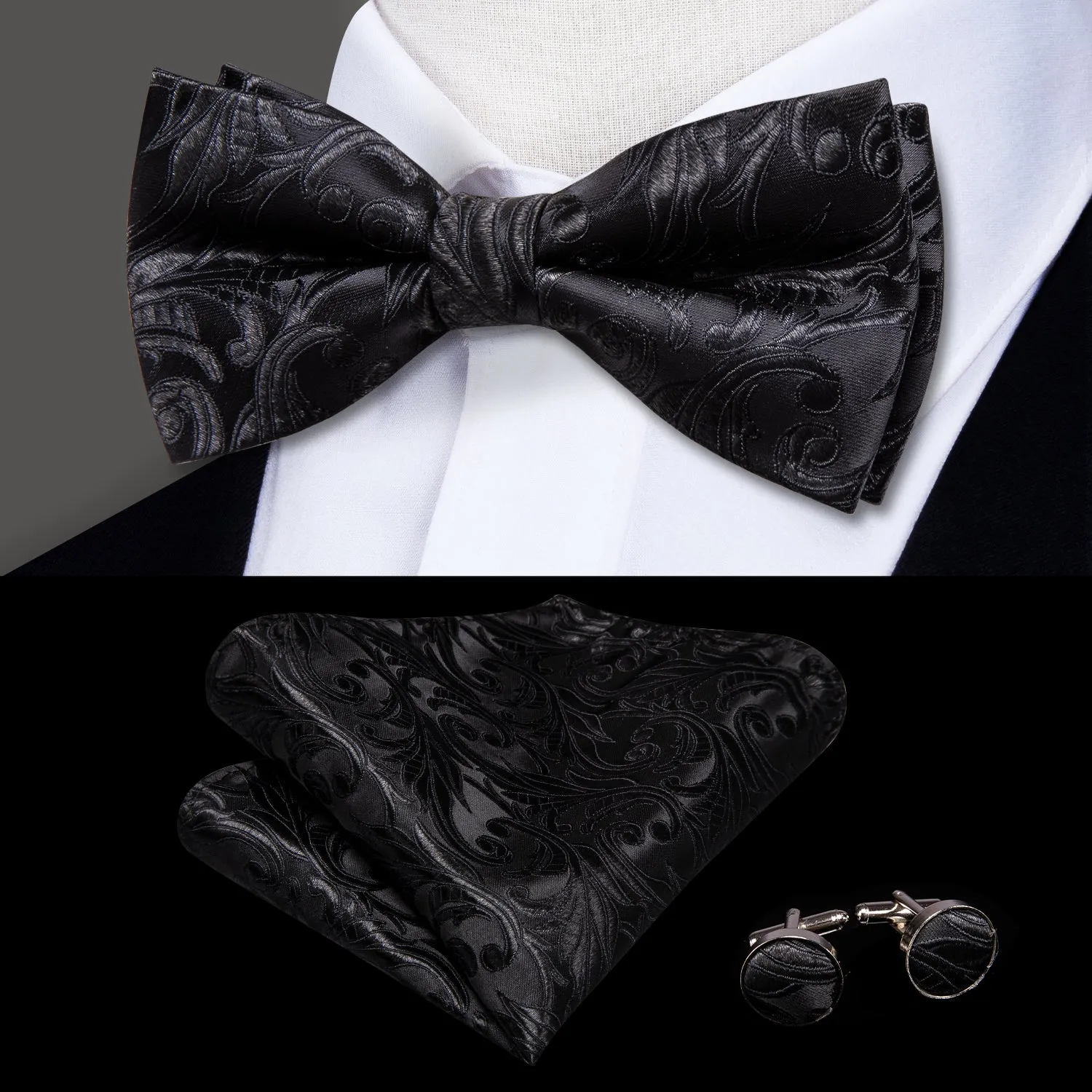 Black Floral Y Back Brace Clip-on Men's Suspender with Bow Tie Set