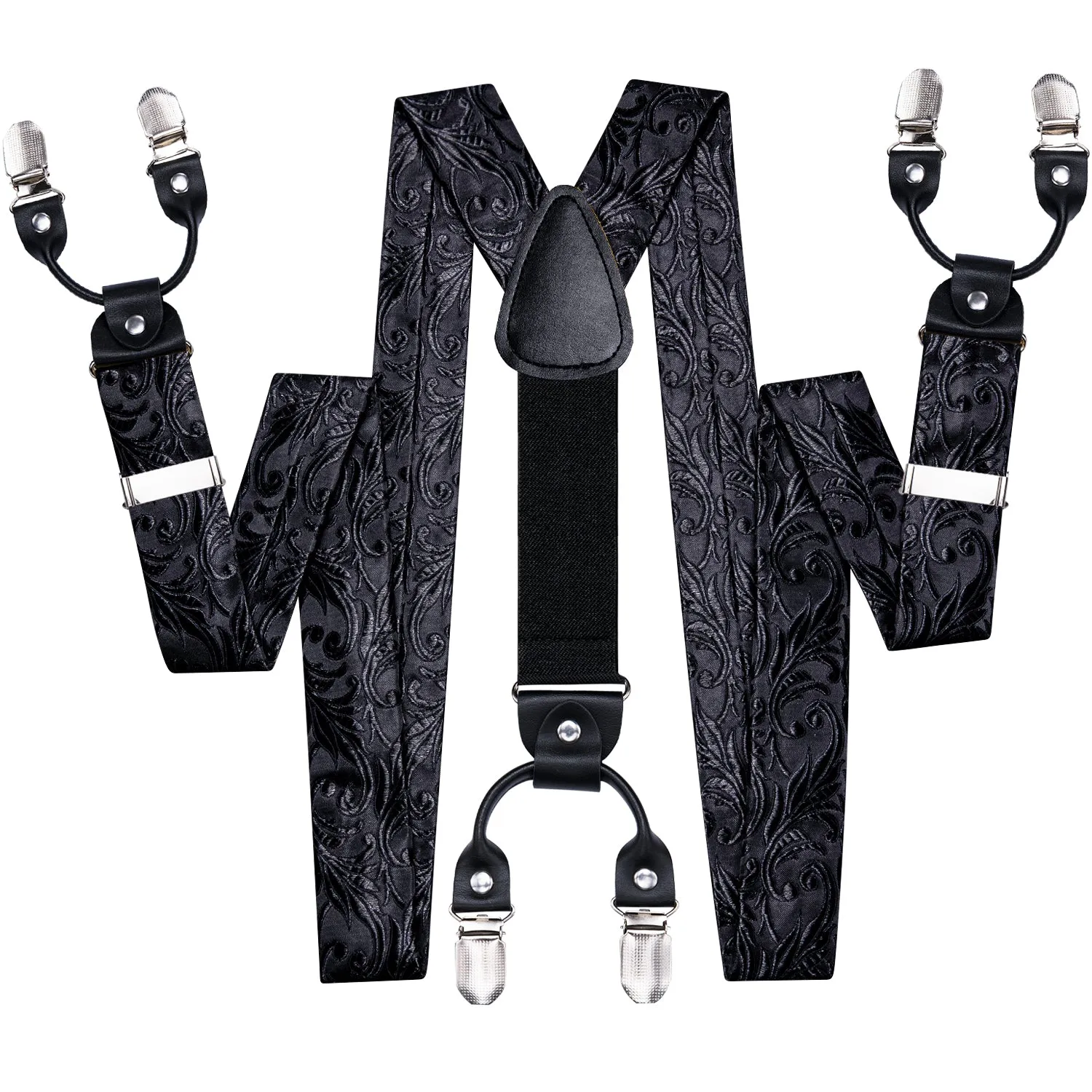 Black Floral Y Back Brace Clip-on Men's Suspender with Bow Tie Set