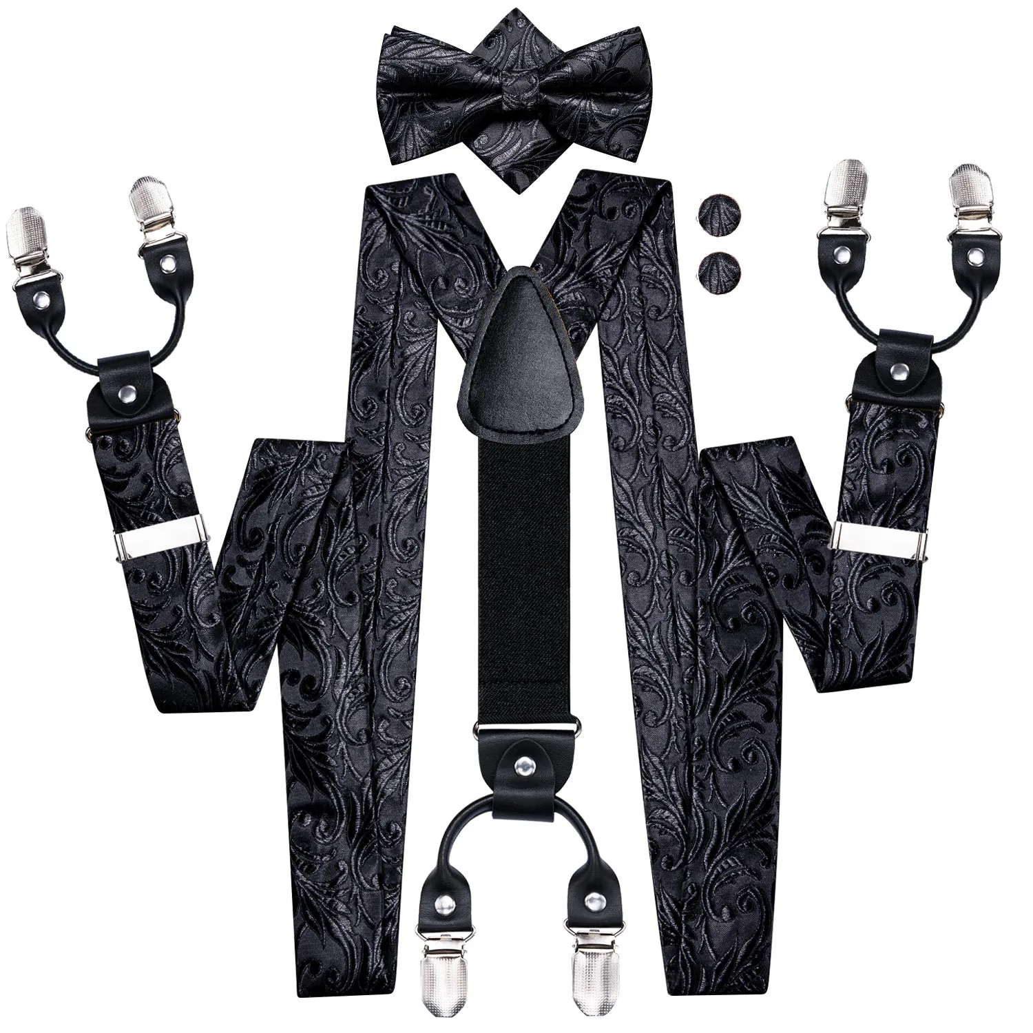 Black Floral Y Back Brace Clip-on Men's Suspender with Bow Tie Set