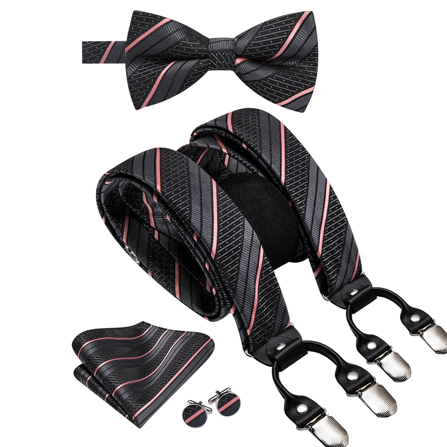 Black Pink Striped Y Back Brace Clip-on Men's Suspender with Bow Tie Set