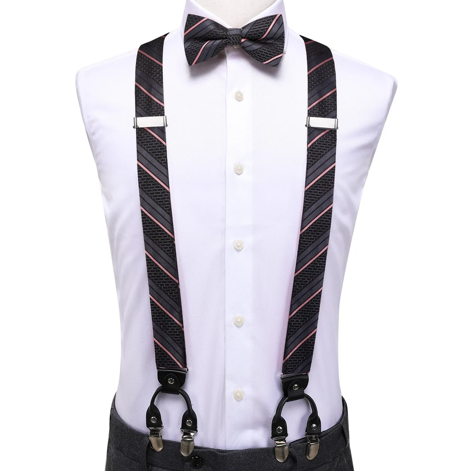 Black Pink Striped Y Back Brace Clip-on Men's Suspender with Bow Tie Set