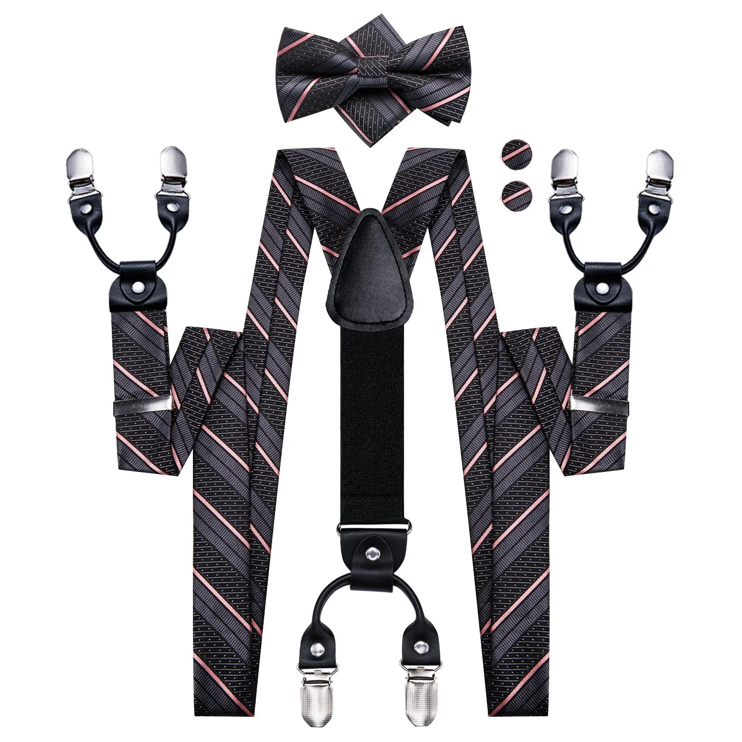 Black Pink Striped Y Back Brace Clip-on Men's Suspender with Bow Tie Set