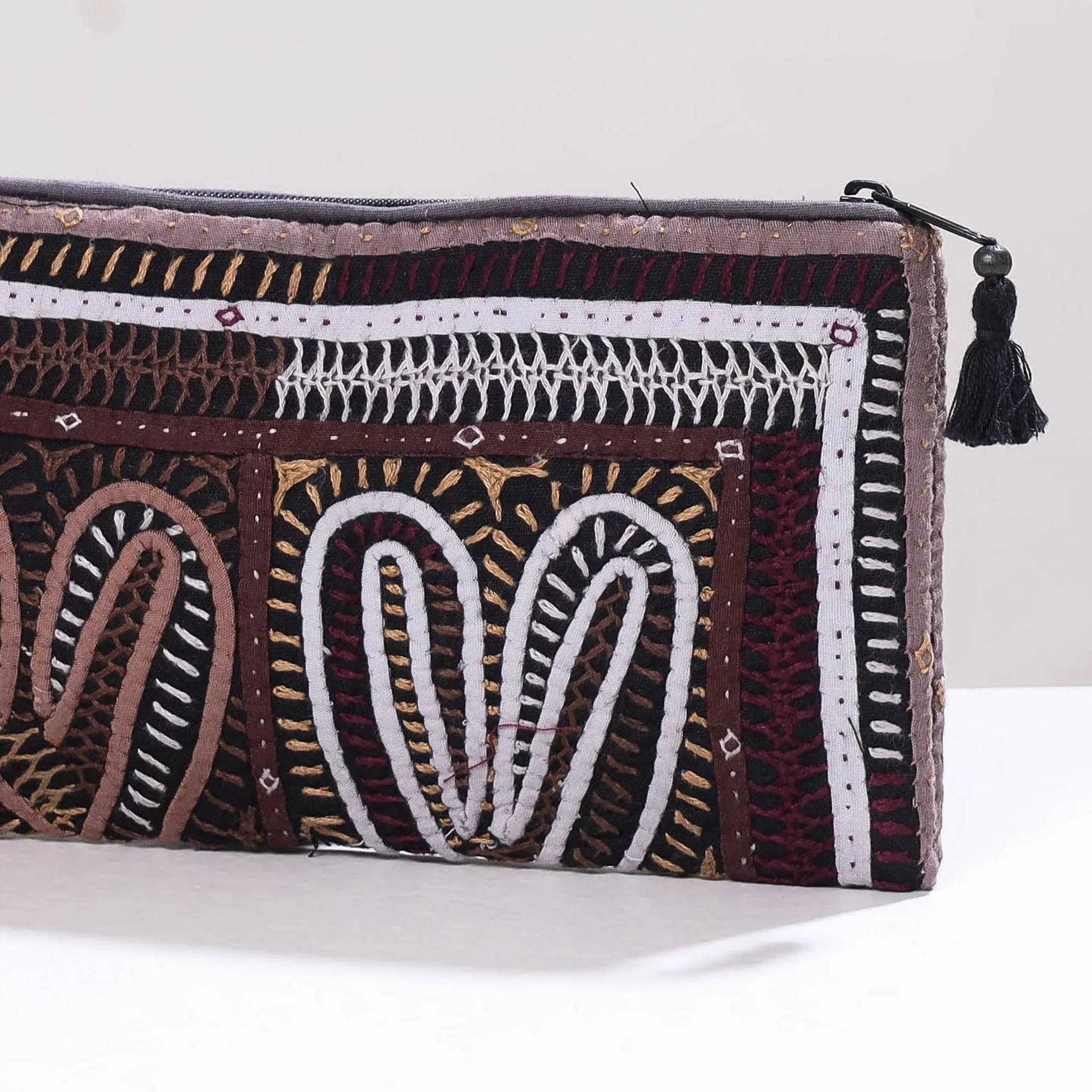 Brown - Kutch Dhebariya Qatab Hand Embroidery Clutch Purse