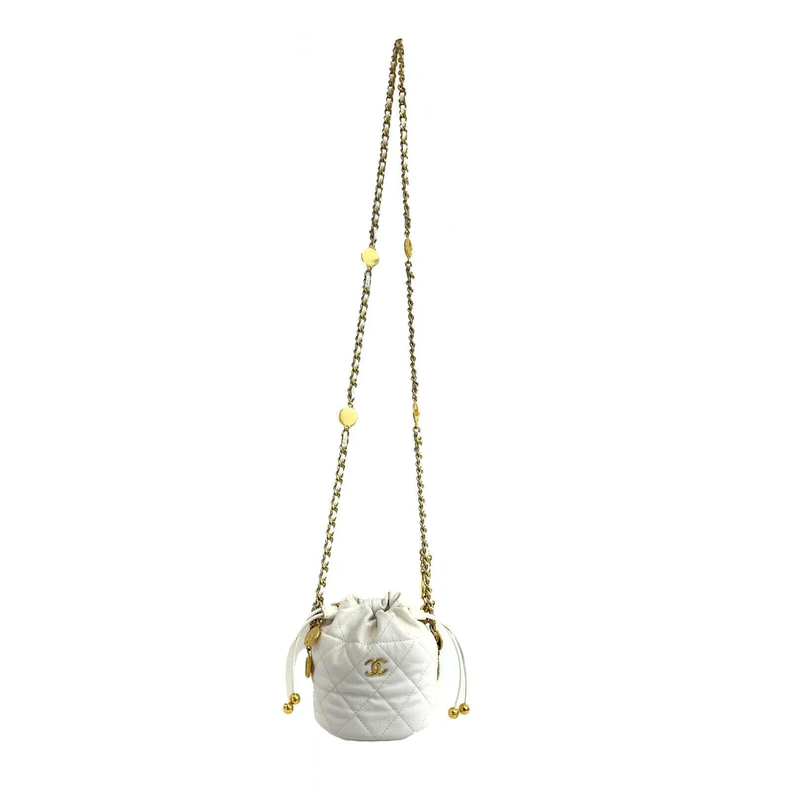 CHANEL - NEW Mini Bucket Bag - White Caviar Leather / Gold 10 Coins CC Crossbody