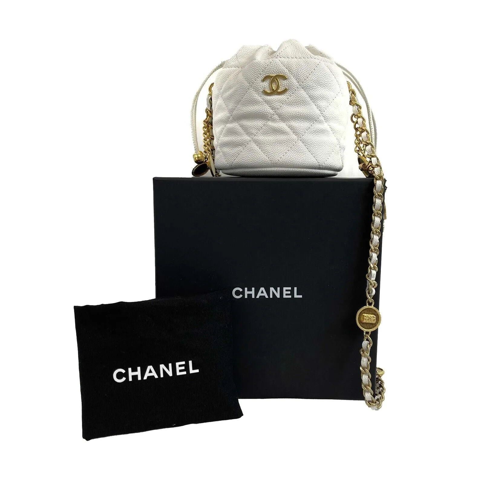 CHANEL - NEW Mini Bucket Bag - White Caviar Leather / Gold 10 Coins CC Crossbody