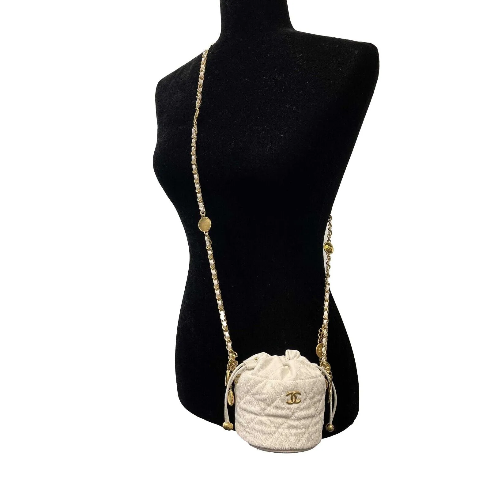 CHANEL - NEW Mini Bucket Bag - White Caviar Leather / Gold 10 Coins CC Crossbody