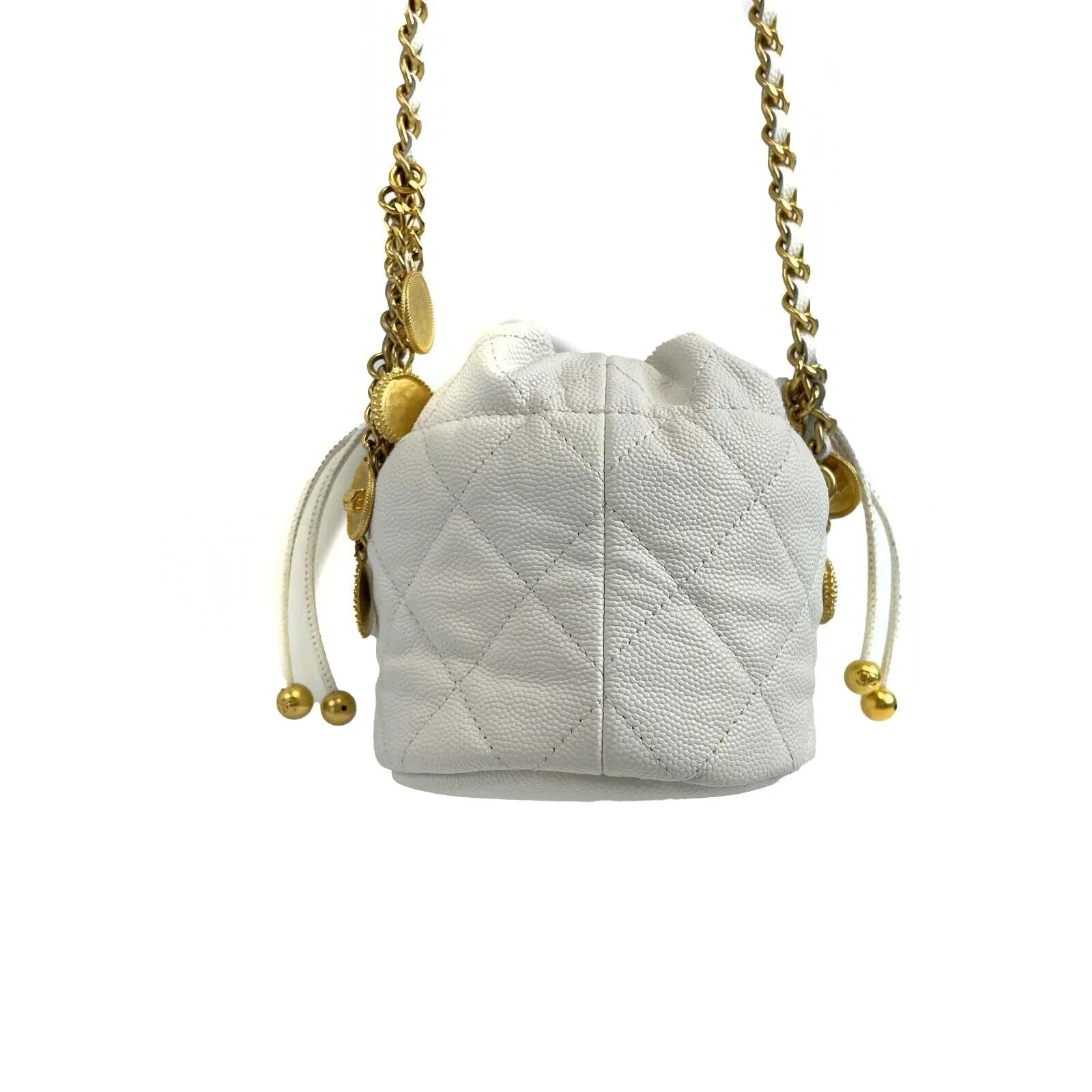 CHANEL - NEW Mini Bucket Bag - White Caviar Leather / Gold 10 Coins CC Crossbody