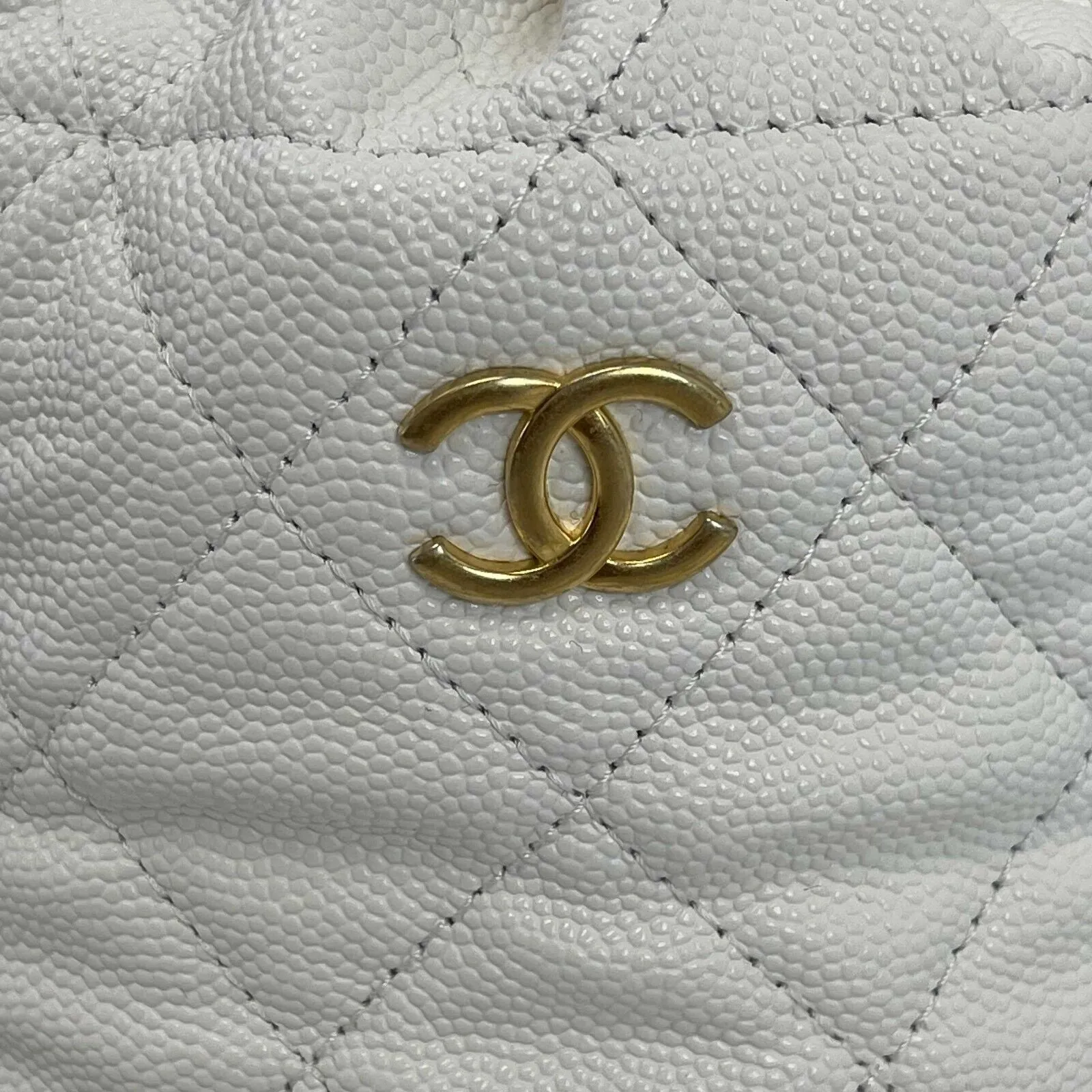 CHANEL - NEW Mini Bucket Bag - White Caviar Leather / Gold 10 Coins CC Crossbody