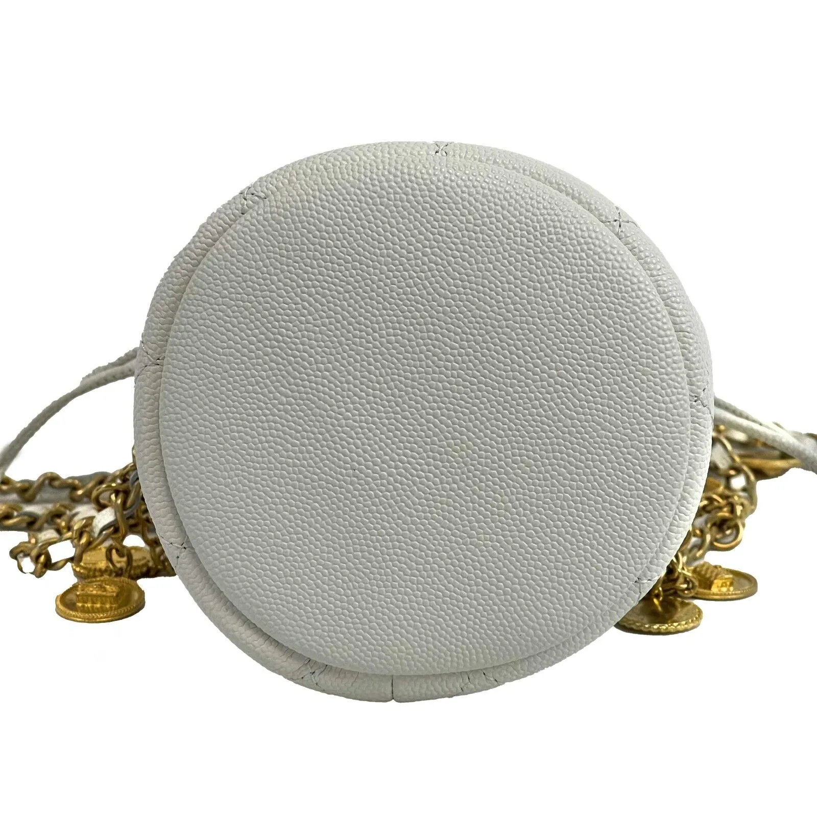 CHANEL - NEW Mini Bucket Bag - White Caviar Leather / Gold 10 Coins CC Crossbody