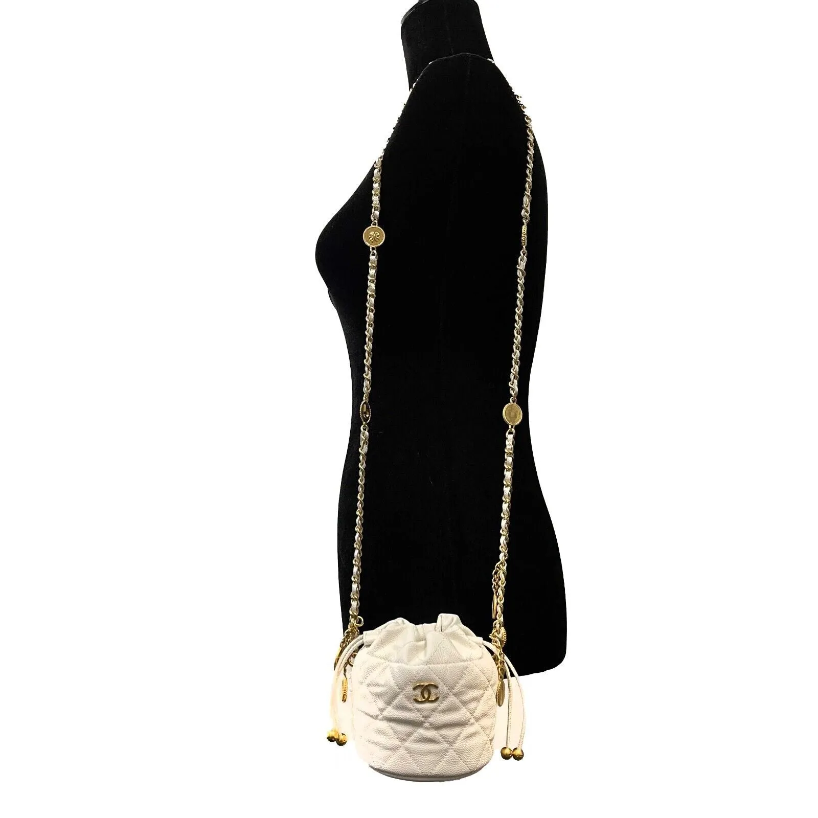 CHANEL - NEW Mini Bucket Bag - White Caviar Leather / Gold 10 Coins CC Crossbody