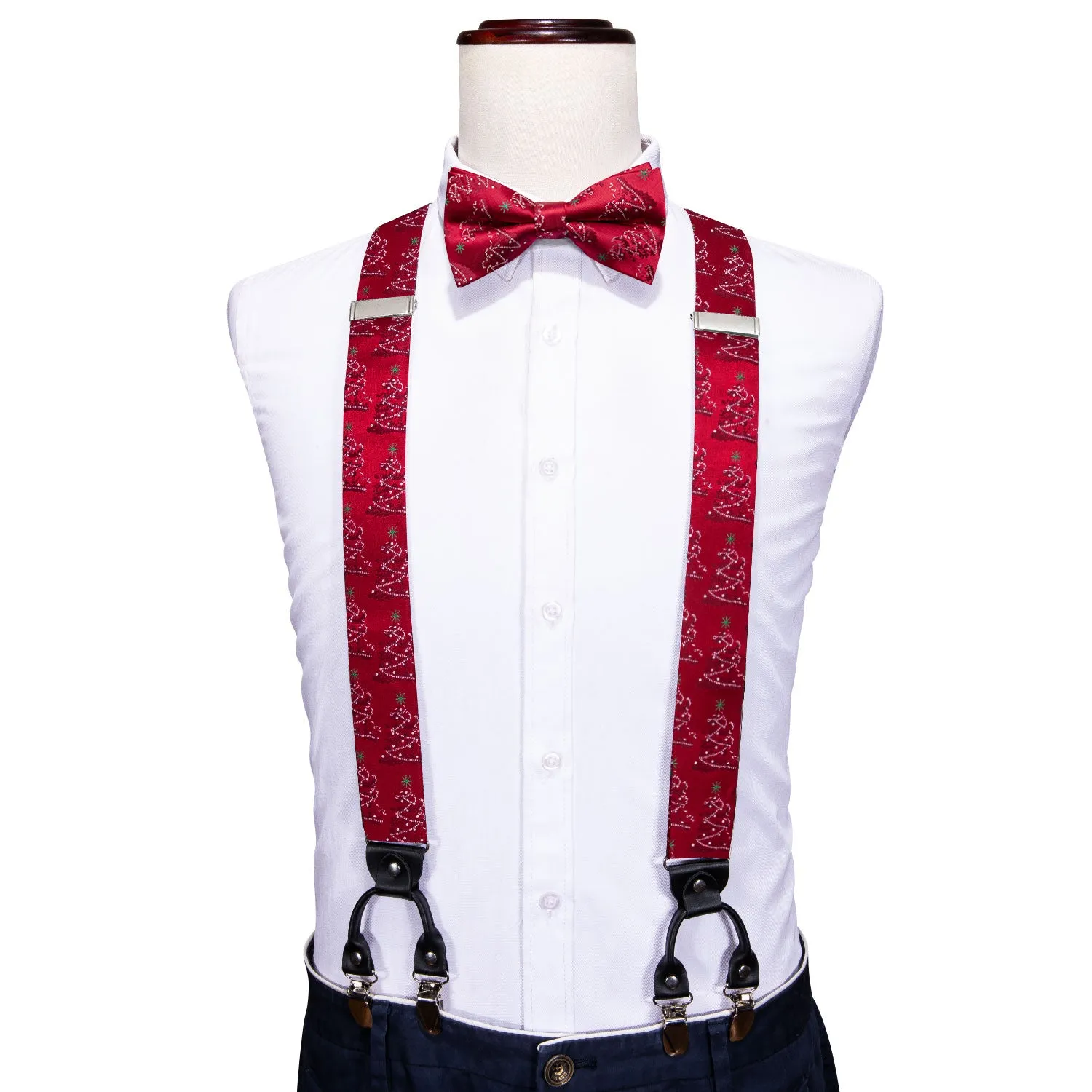 Christmas Red White Pine Snowflake Novelty Y Back Brace Clip-on Men's Suspender with Bow Tie Set