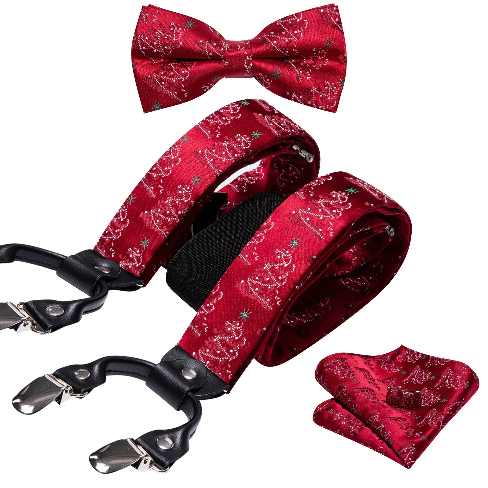 Christmas Red White Pine Snowflake Novelty Y Back Brace Clip-on Men's Suspender with Bow Tie Set