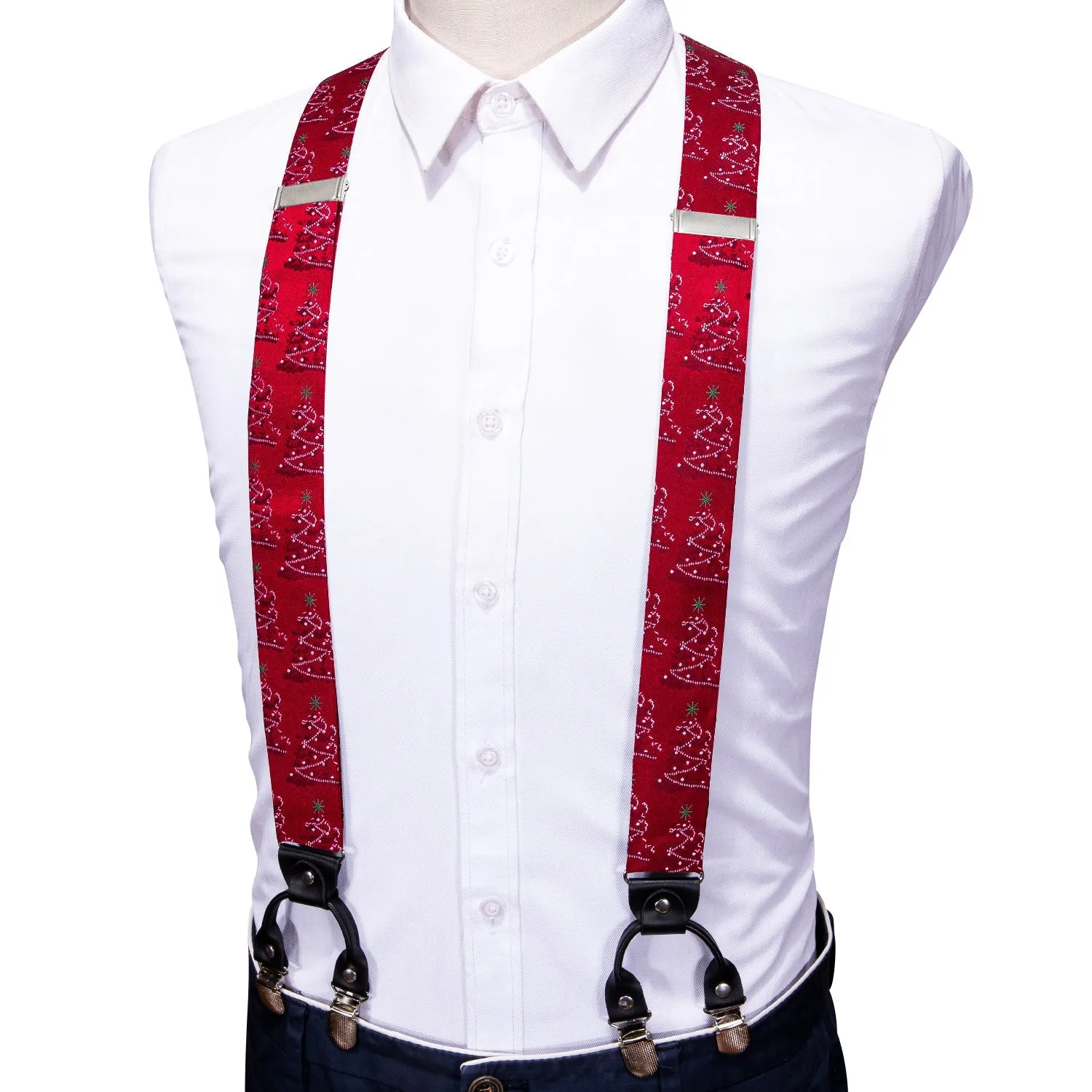 Christmas Red White Pine Snowflake Novelty Y Back Brace Clip-on Men's Suspender with Bow Tie Set