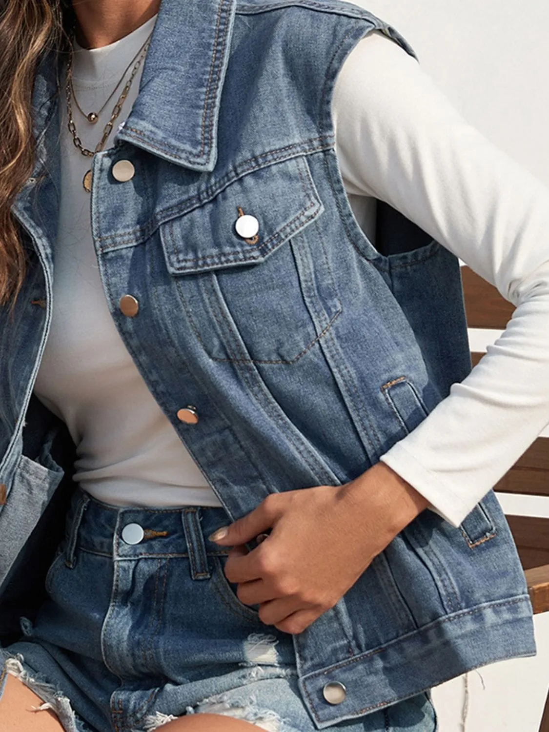 Classic Collared Neck Sleeveless Denim Jacket Vest