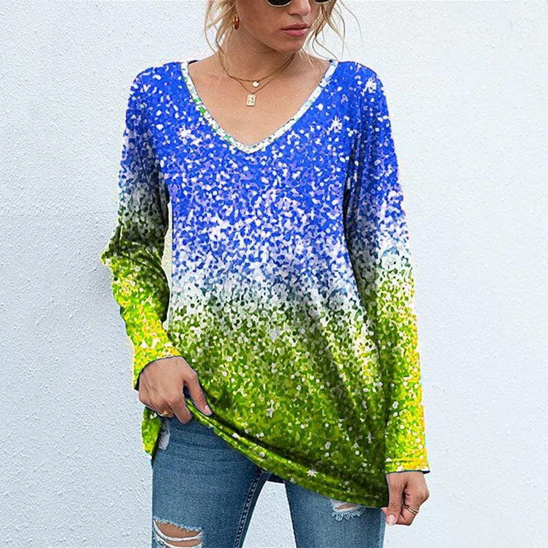 Colorblock printed long-sleeved V-neck casual loose top