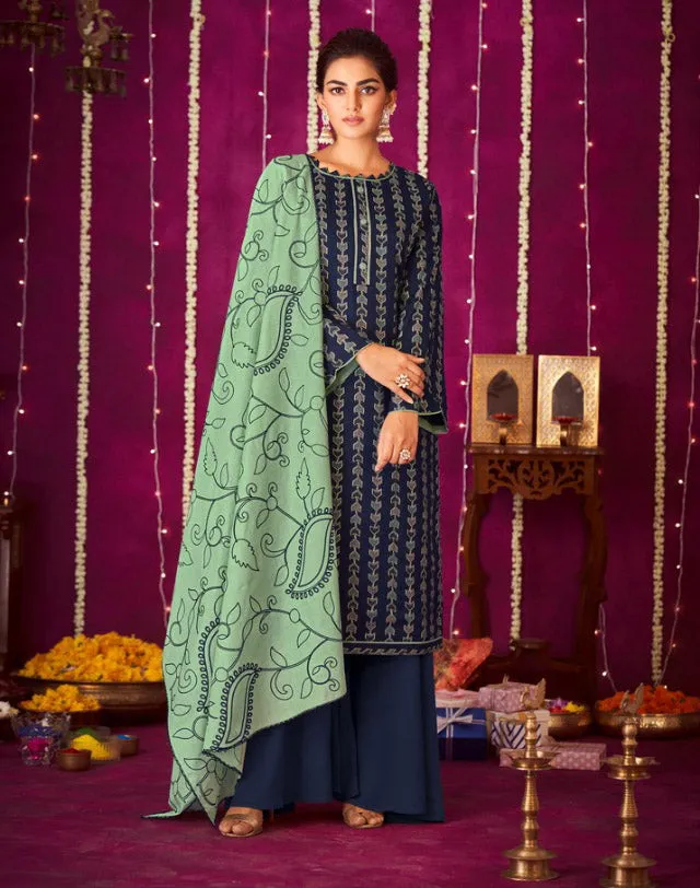 Cotton Unstitched Blue Salwar Suit Material with Embroidered Dupatta