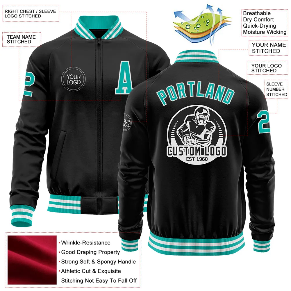 Custom Black Aqua-White Bomber Varsity Letterman Zipper Jacket