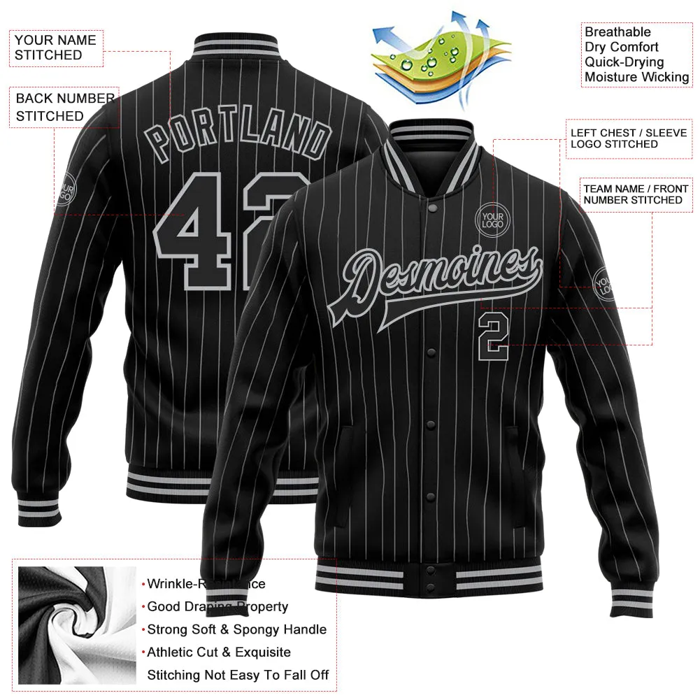 Custom Black Gray Pinstripe Gray Bomber Full-Snap Varsity Letterman Jacket