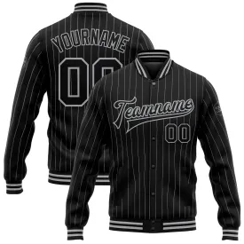 Custom Black Gray Pinstripe Gray Bomber Full-Snap Varsity Letterman Jacket