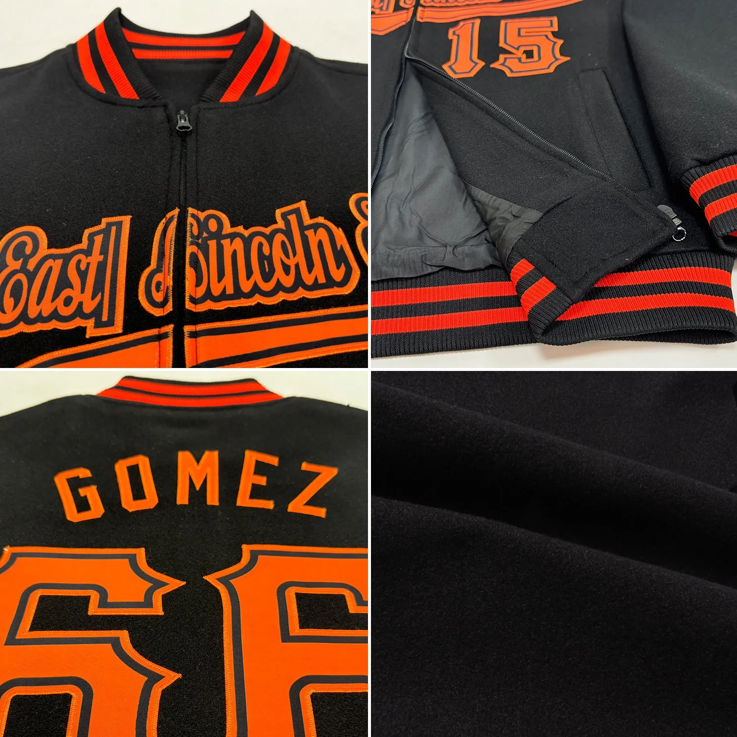 Custom Black Orange-Light Blue Bomber Varsity Letterman Two Tone Zipper Jacket