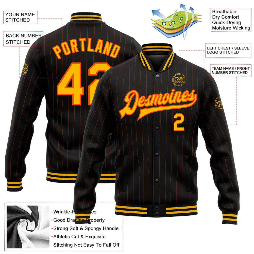 Custom Black Orange Pinstripe Gold Bomber Full-Snap Varsity Letterman Jacket