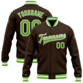 Custom Brown Neon Green-White Bomber Full-Snap Varsity Letterman Jacket