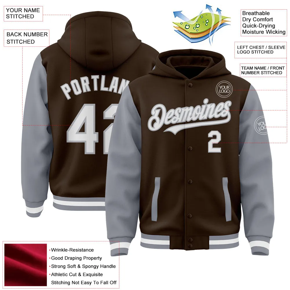 Custom Brown White-Gray Bomber Full-Snap Varsity Letterman Two Tone Hoodie Jacket