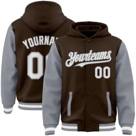 Custom Brown White-Gray Bomber Full-Snap Varsity Letterman Two Tone Hoodie Jacket