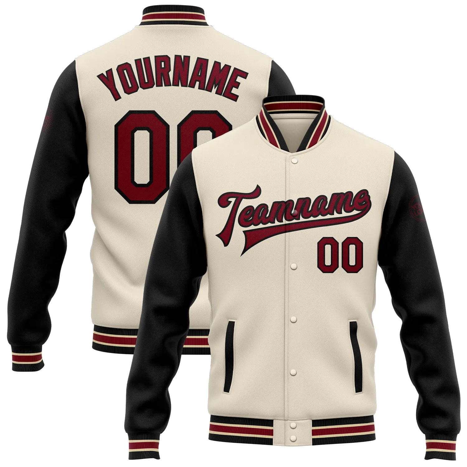 Custom Cream Crimson Black-City Cream Bomber Full-Snap Varsity Letterman Two Tone Jacket