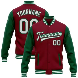 Custom Crimson White-Kelly Green Bomber Full-Snap Varsity Letterman Two Tone Jacket