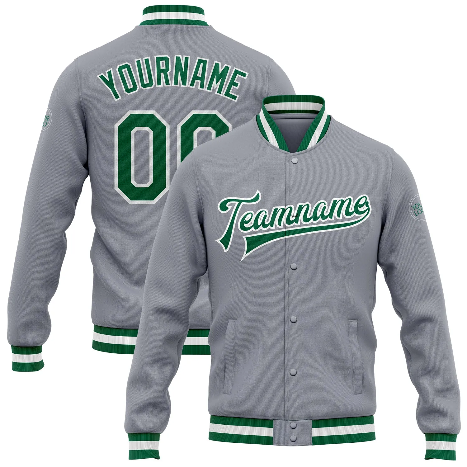 Custom Gray Kelly Green-White Bomber Full-Snap Varsity Letterman Jacket