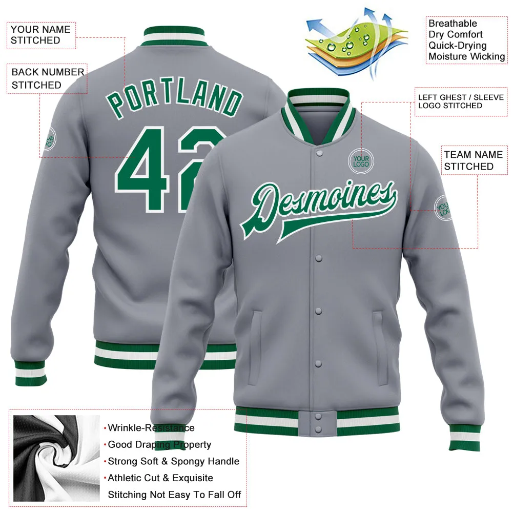 Custom Gray Kelly Green-White Bomber Full-Snap Varsity Letterman Jacket