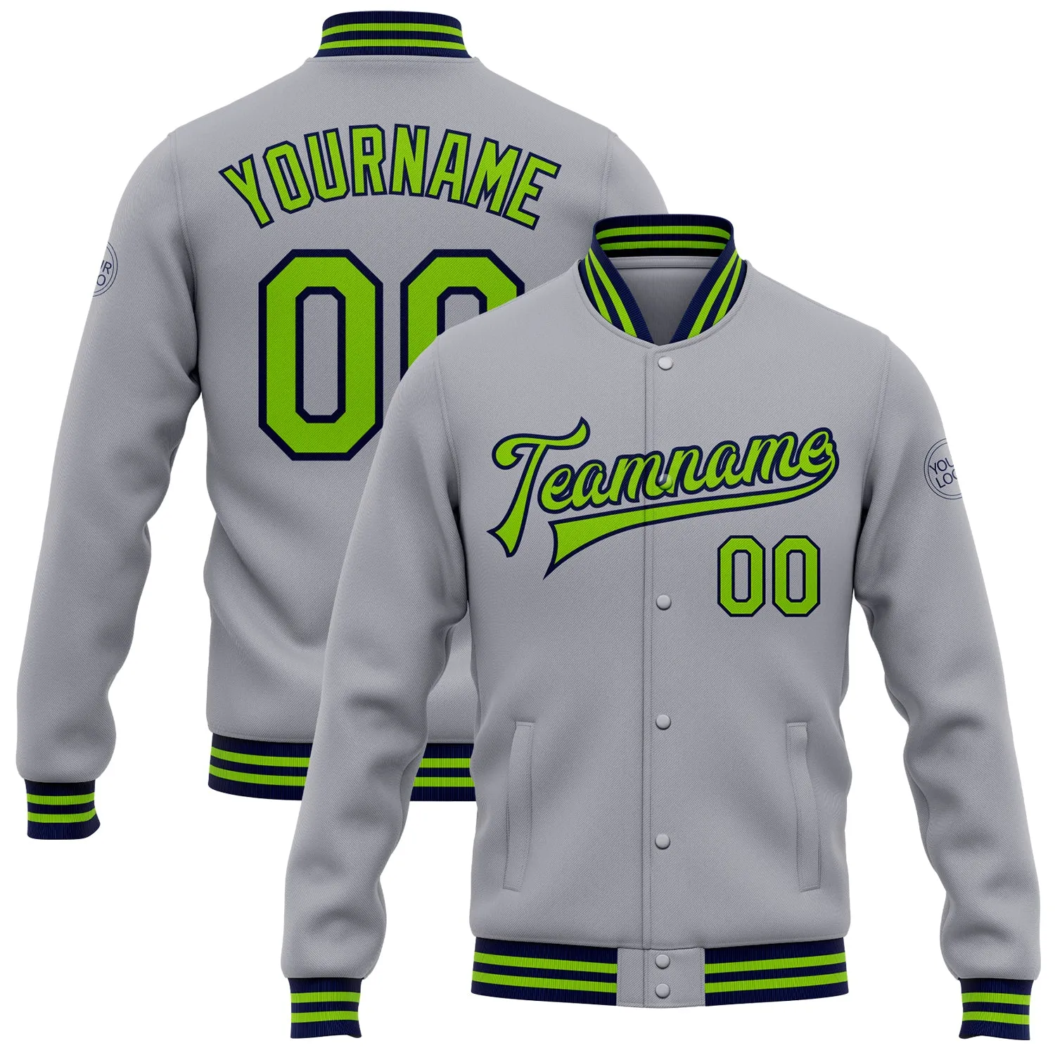 Custom Gray Neon Green-Navy Bomber Full-Snap Varsity Letterman Jacket