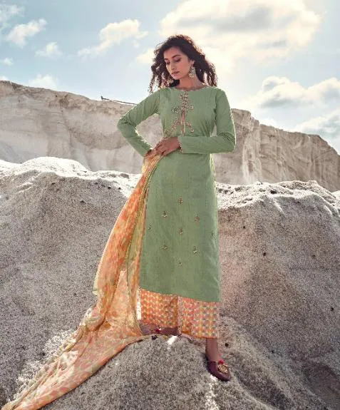 Designer Women Green Cotton Suits Set with Embroidery