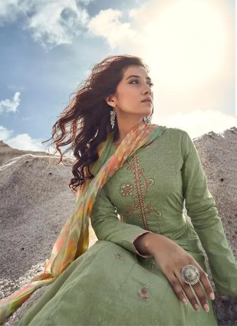 Designer Women Green Cotton Suits Set with Embroidery