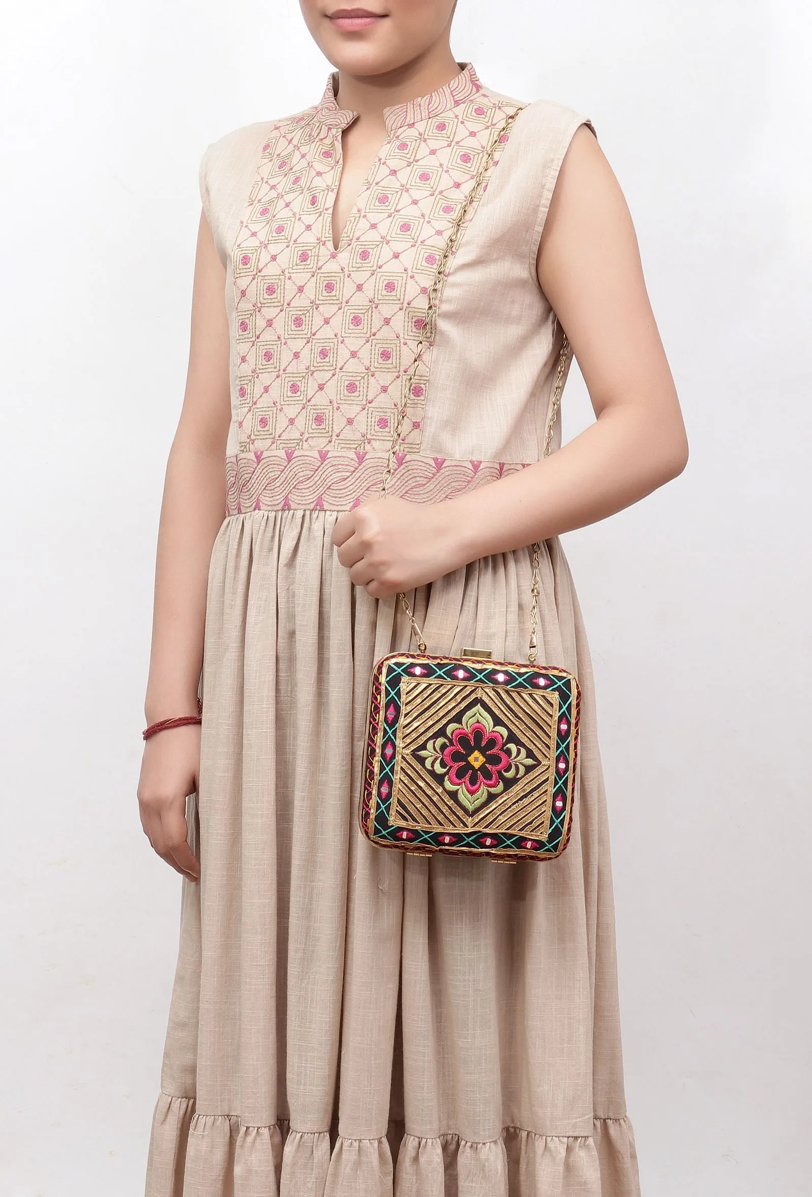 Erina Gold & Multi Kutch Embroidered Square Box Clutch