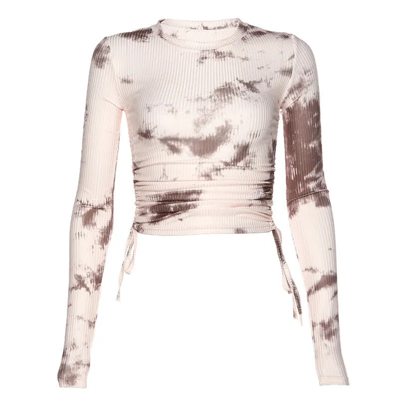 Fashion women's long-sleeved round neck Tie dye T-shirt