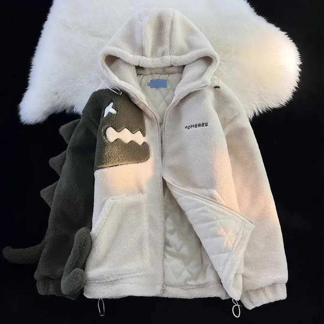 Getadme Kawaii Solid Color Little Dinosaur Plush Harajuku Jacket for Women Loose Winter Hooded Zipper Sports Loose Couple Jacket for Men