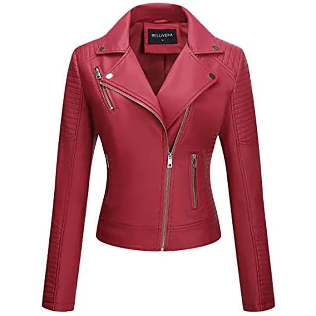 Giolshon Autumn Flowers Embroidery PU Leather Jacket Women