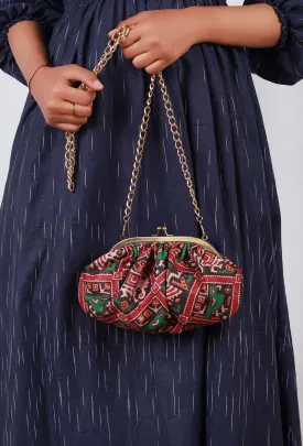 Green, Red & Multi Silk Patola Print Gathered Clutch