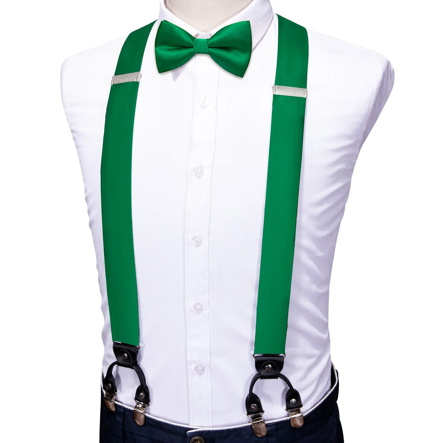 Green Solid Y Back Brace Clip-on Men's Suspender with Bow Tie Set