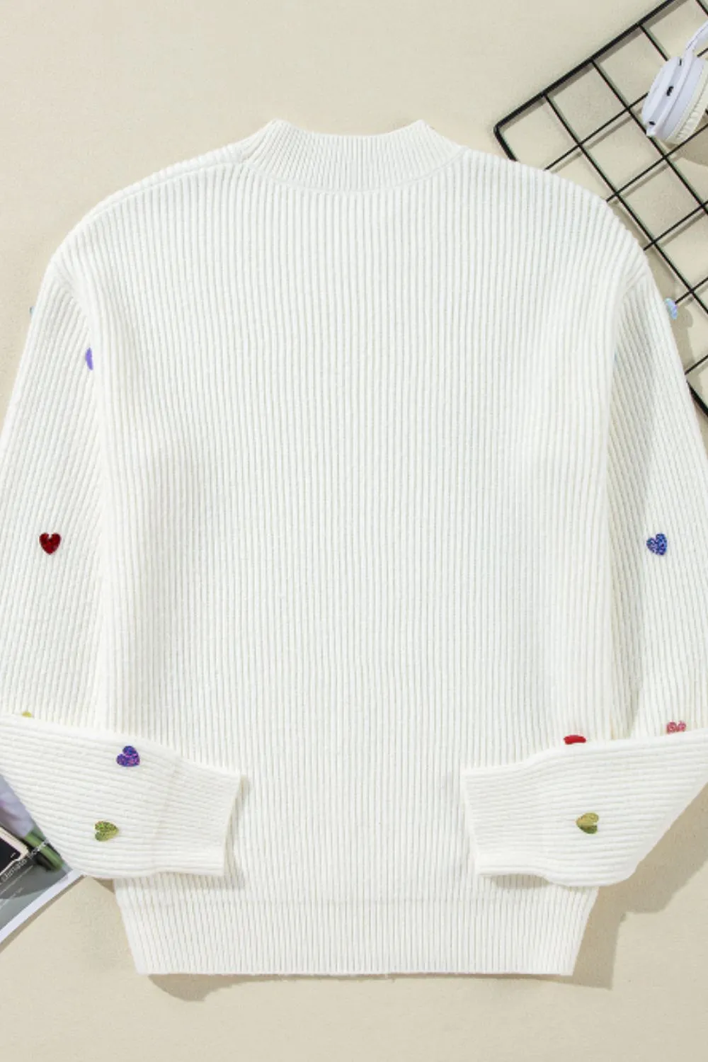 Heart Sequin Round Neck Long Sleeve Sweater