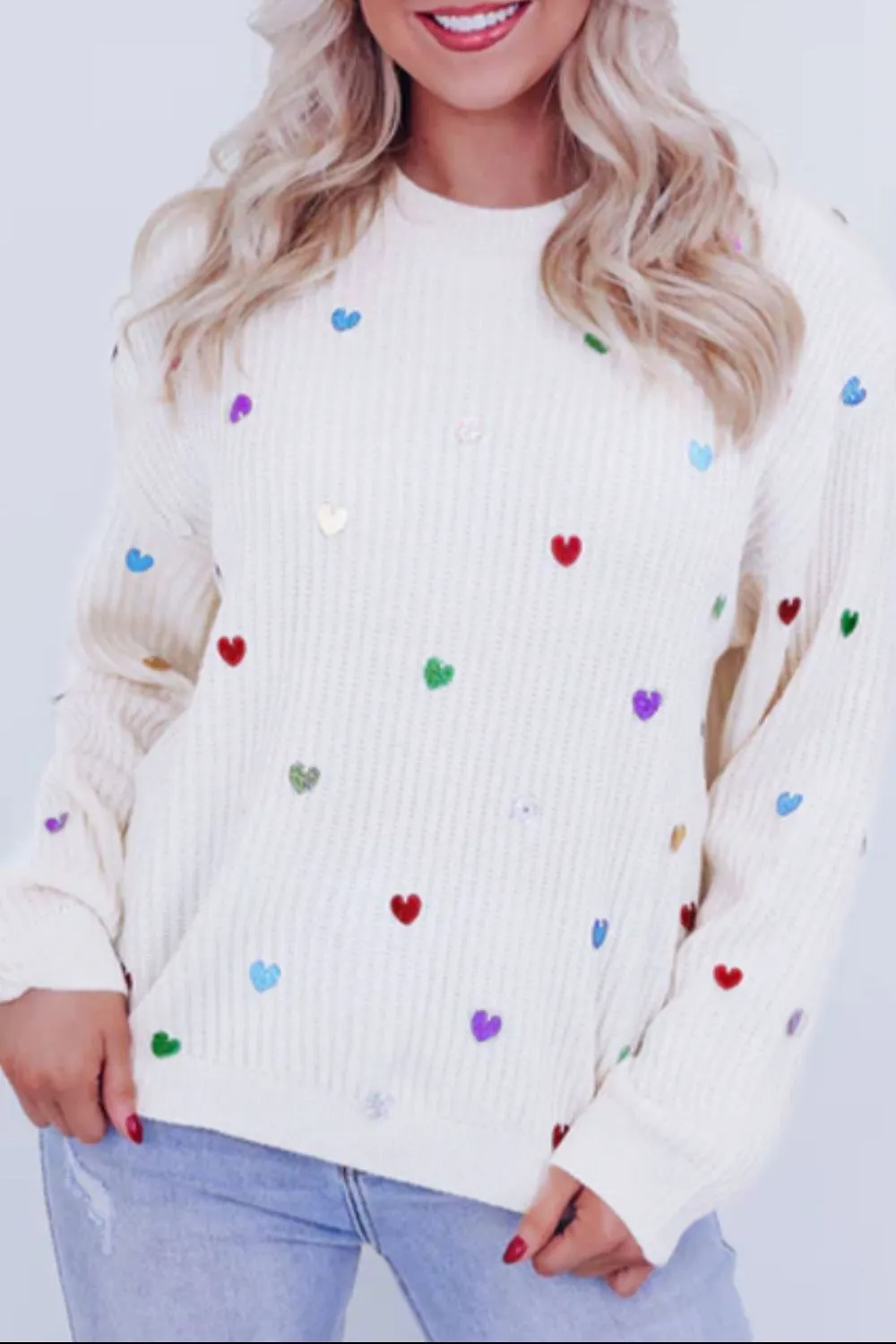 Heart Sequin Round Neck Long Sleeve Sweater