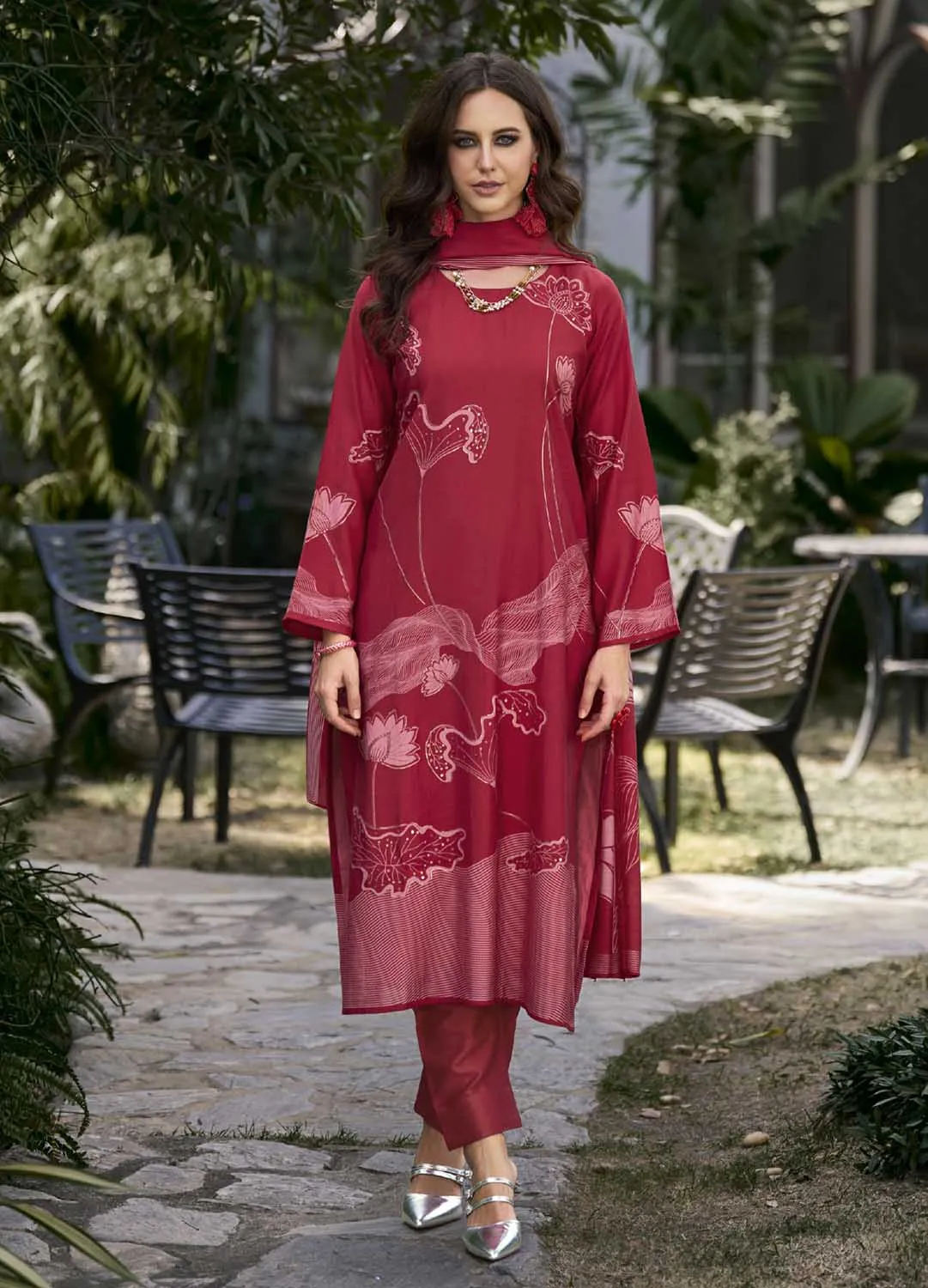 Kilory Party Wear Red Muslin Unstitched Salwar Suit Dress Material