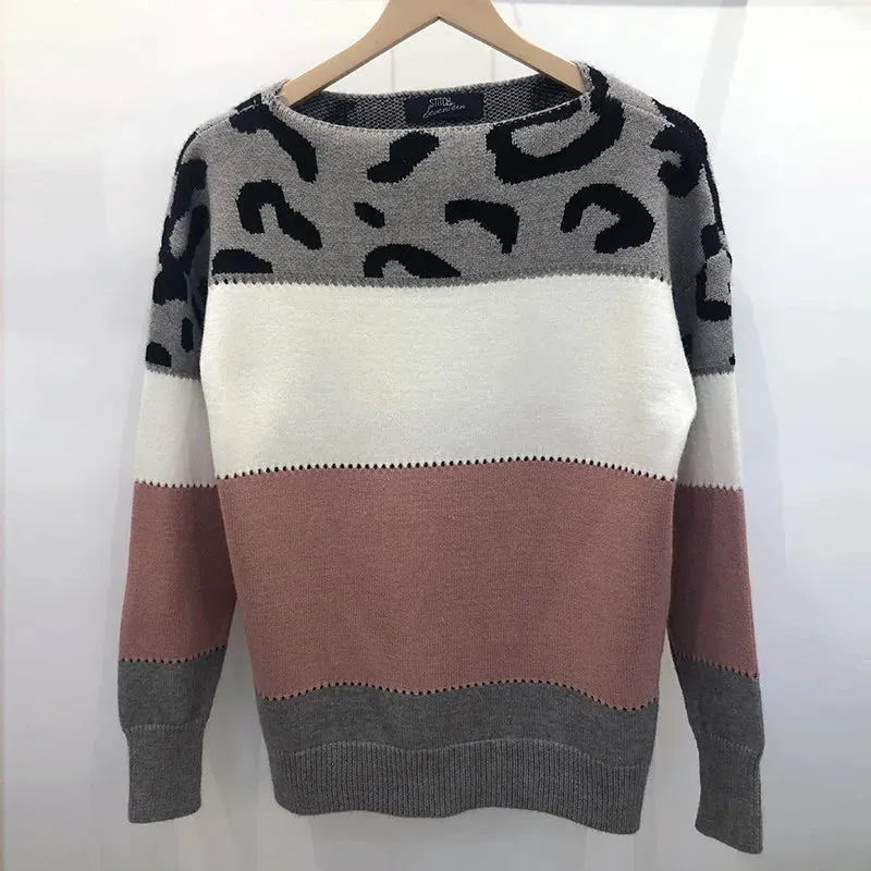 Leopard Women's Sweater Fashion Long Sleeve Tops Knitted Pullovers Pink Knitwears Autumn Winter Clothes For Women 2024