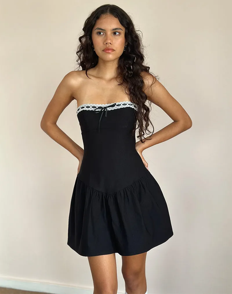 Manisha Mini Dress in Black with White Trim