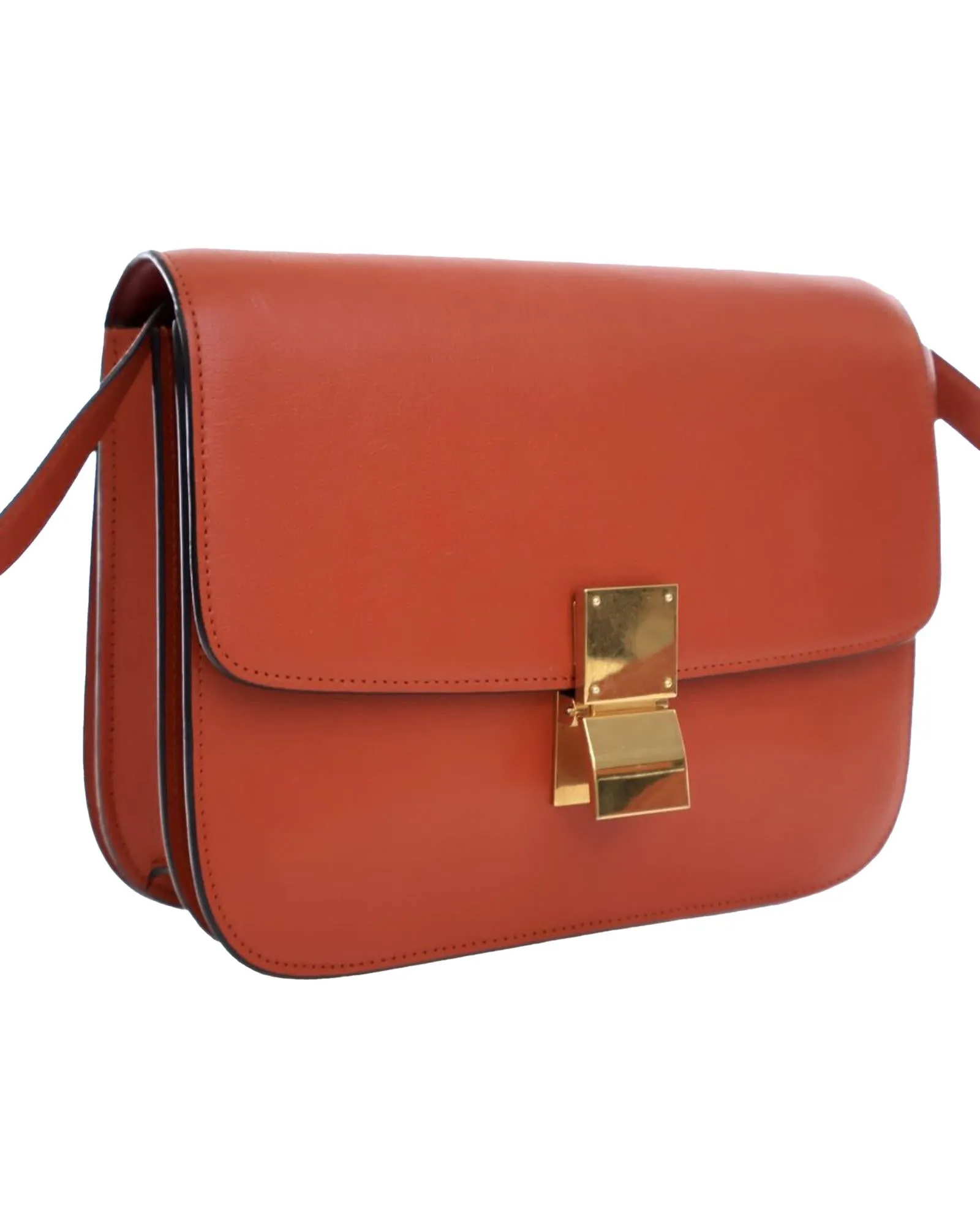 Medium Classic Leather Box Bag with Push Lock and Interior Pockets